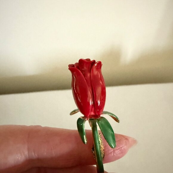 Vintage Sandor Co Red Enamel Rose Brooch Gold Tone Pin 3 Inch Floral Jewelry - Picture 7 of 11